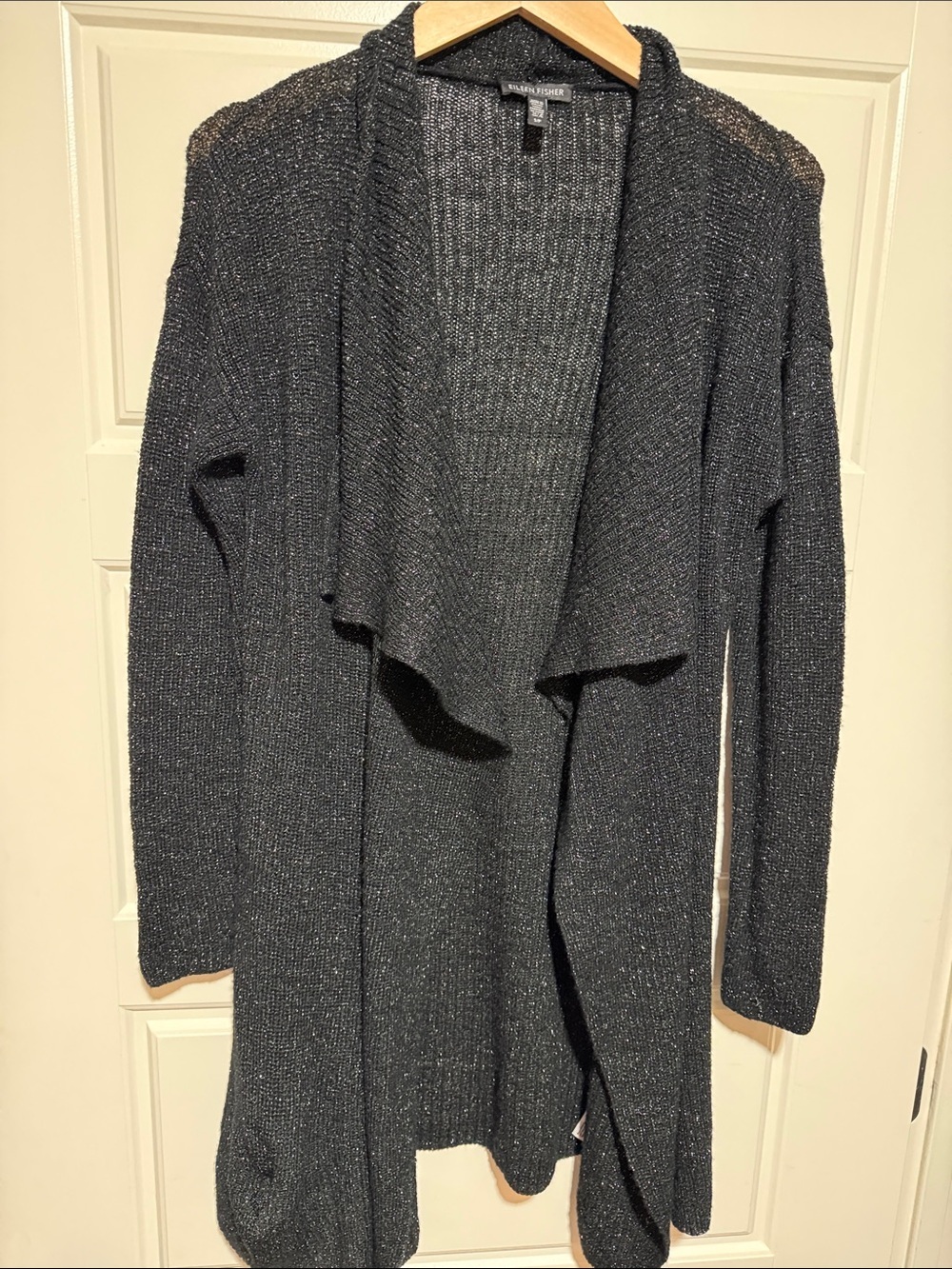 Eileen Fisher black merino lurex Open-Front Draped Cardigan - Picture 11 of 11
